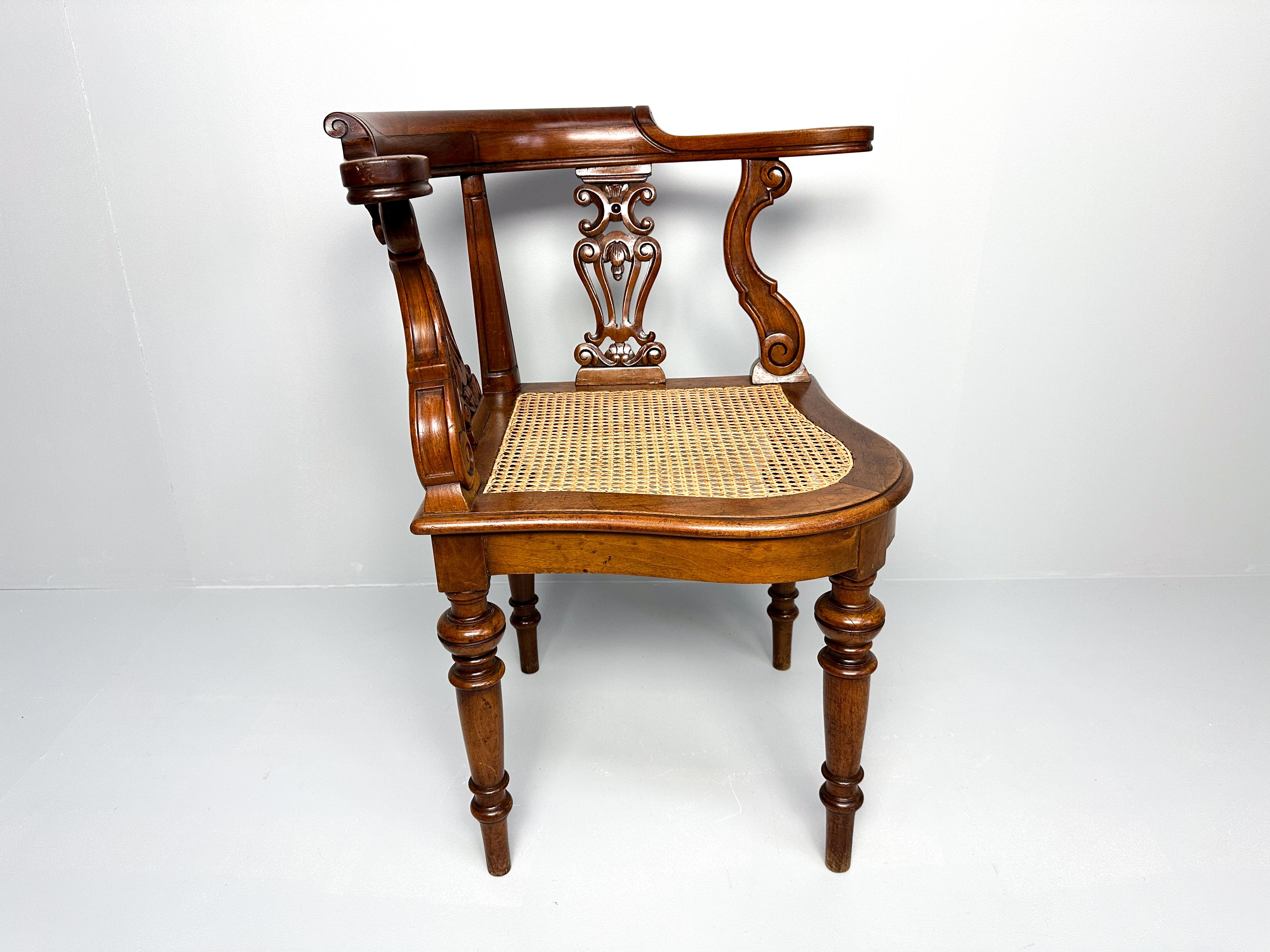 Antique Teak Corner Chair with Carved Backrest and Webbing Seat, 19th Century For Sale 4