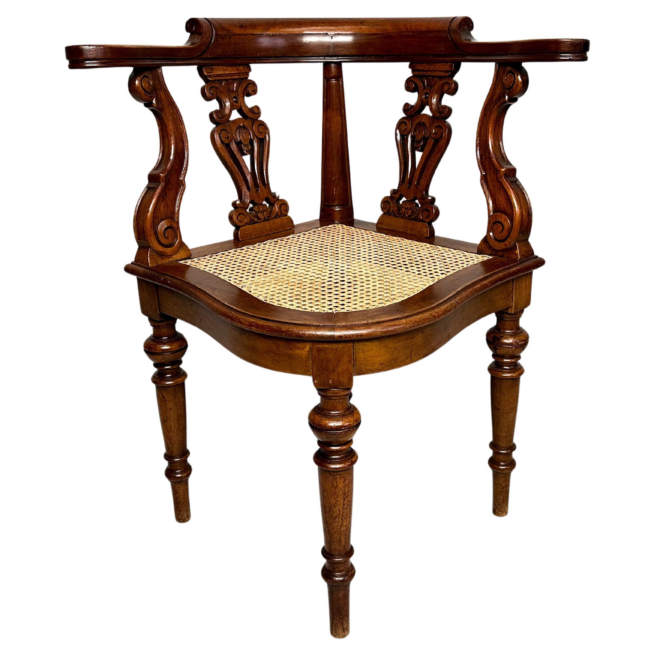 Antique Teak Corner Chair with Carved Backrest and Webbing Seat, 19th Century For Sale