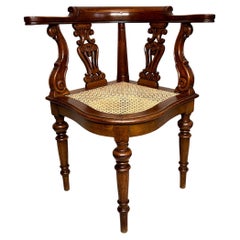 Antique Teak Corner Chair with Carved Backrest and Webbing Seat, 19th Century