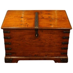 Antique golden teak Colonial iron bound merchants chest 19th century