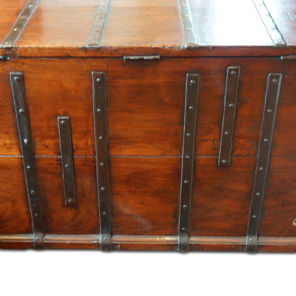 19th Century Antique Teak Merchants Trunk with Iron Straps and Brass Corners For Sale