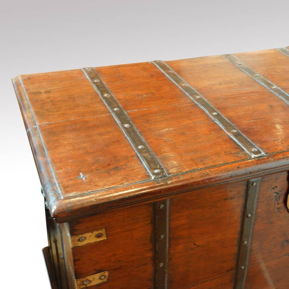Antique Teak Merchants Trunk with Iron Straps and Brass Corners For Sale 1