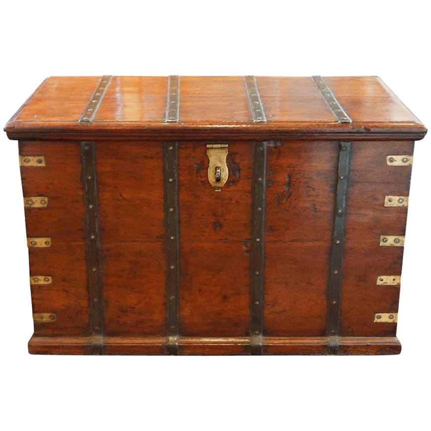 Antique Teak Merchants Trunk with Iron Straps and Brass Corners For Sale
