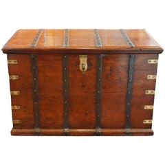 Antique Teak Merchants Trunk with Iron Straps and Brass Corners