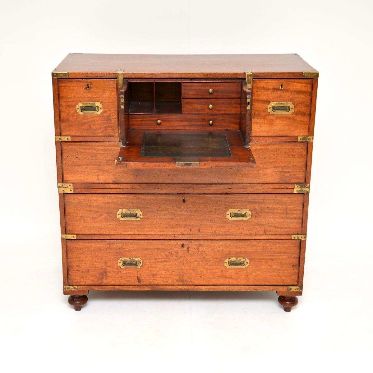 British Antique Teak Military Campaign Secretaire Chest of Drawers For Sale