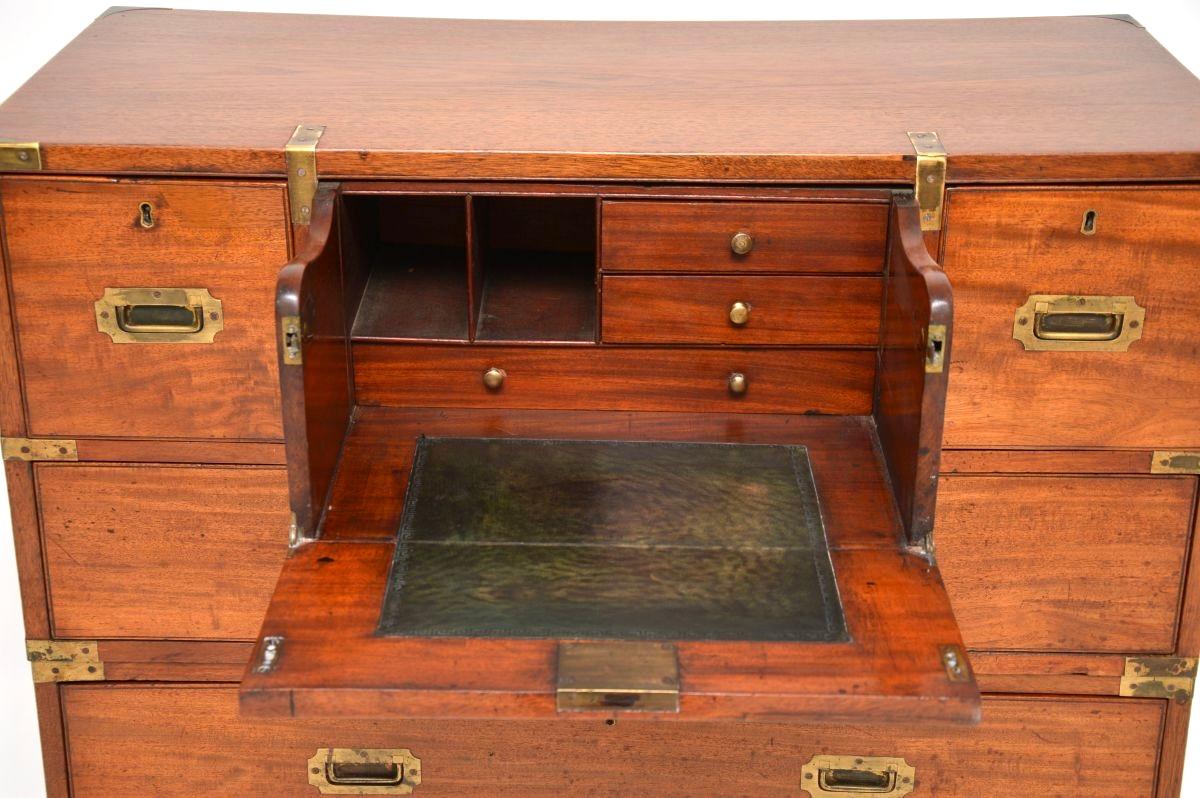 Antique Teak Military Campaign Secretaire Chest of Drawers In Good Condition For Sale In London, GB