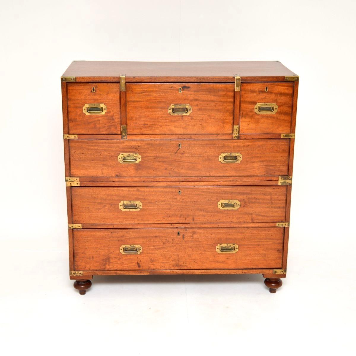 Brass Antique Teak Military Campaign Secretaire Chest of Drawers For Sale