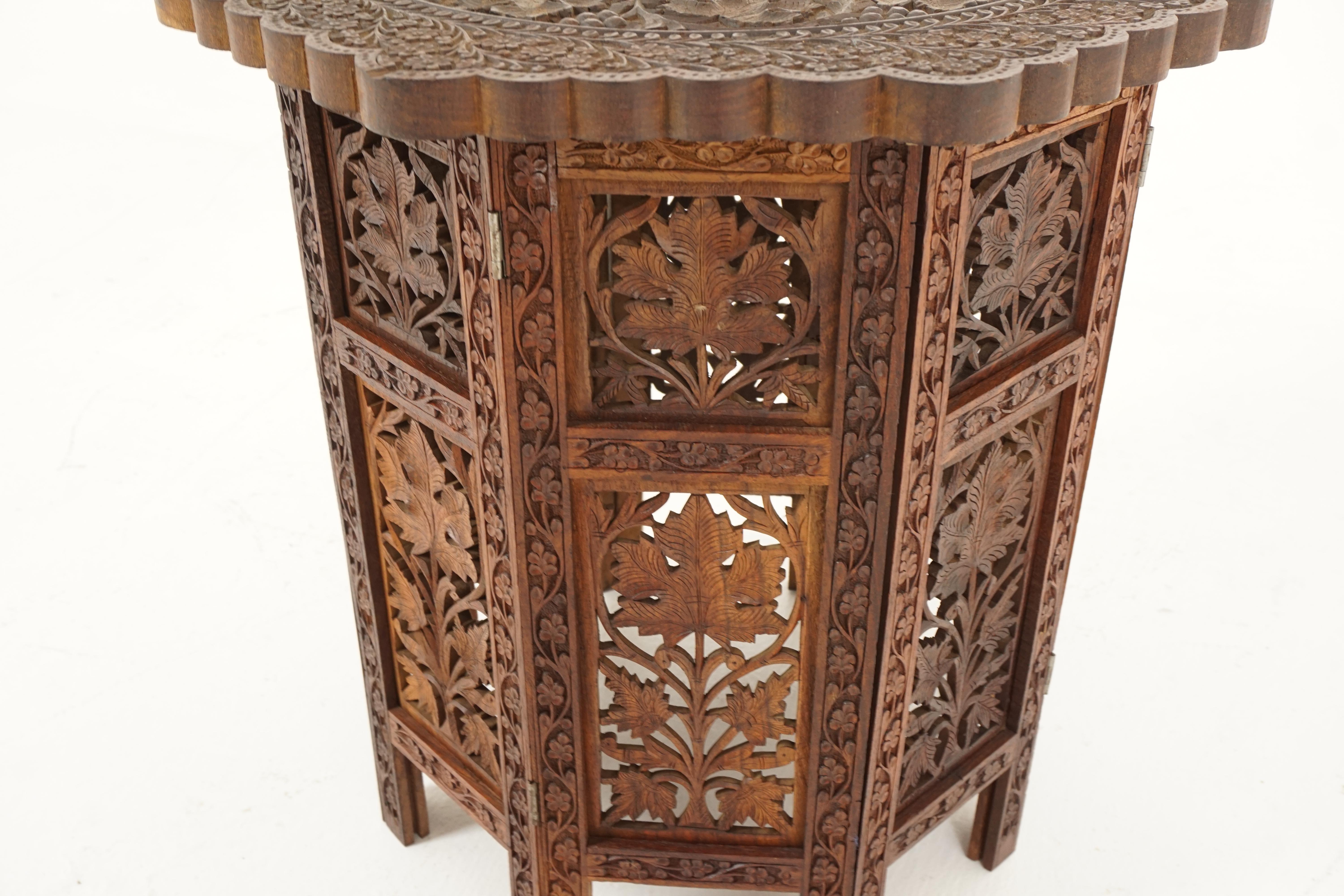 Indian Antique Teak Table, Carved Campaign Table, Inlaid Table, India, 1920s