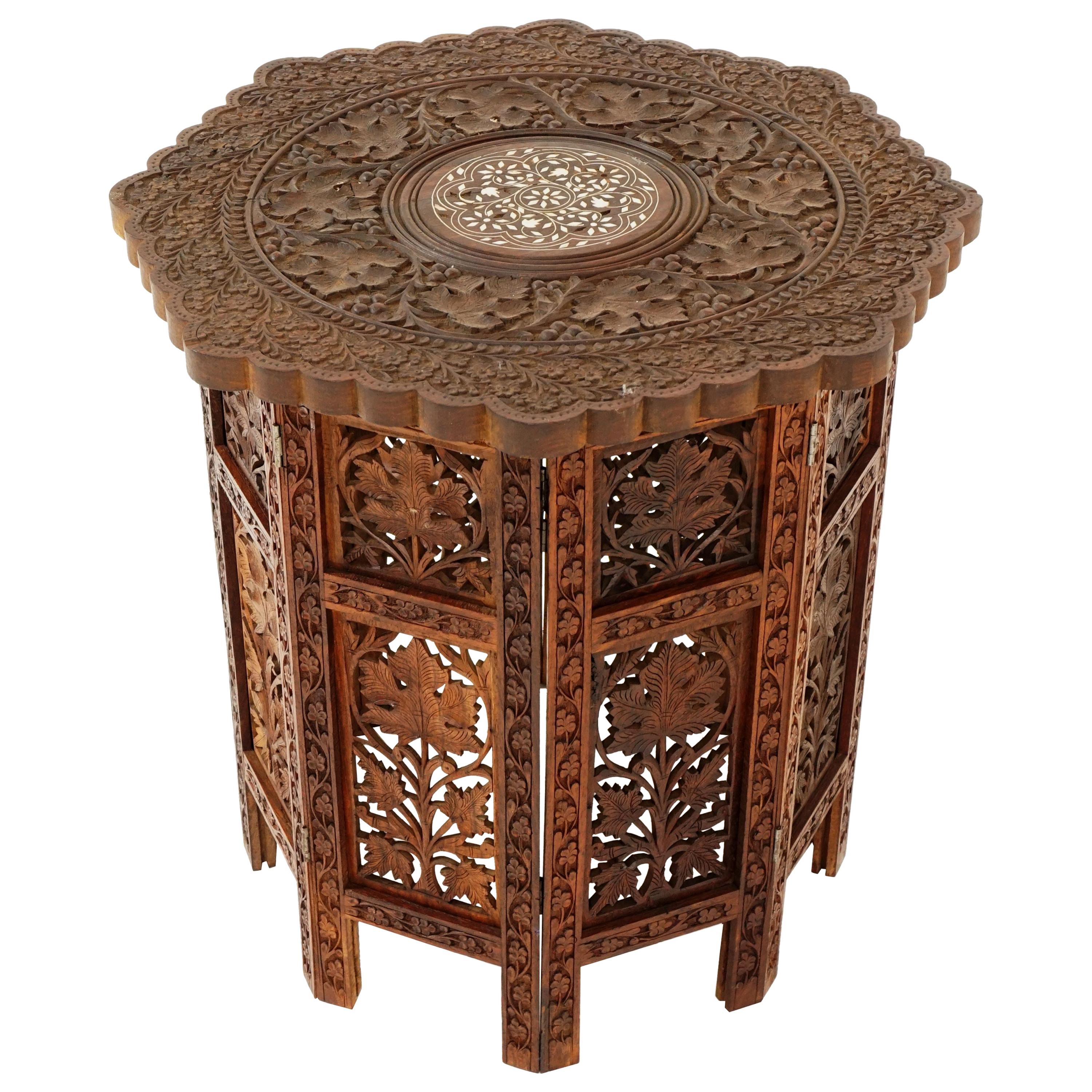 Antique Teak Table, Carved Campaign Table, Inlaid Table, India, 1920s