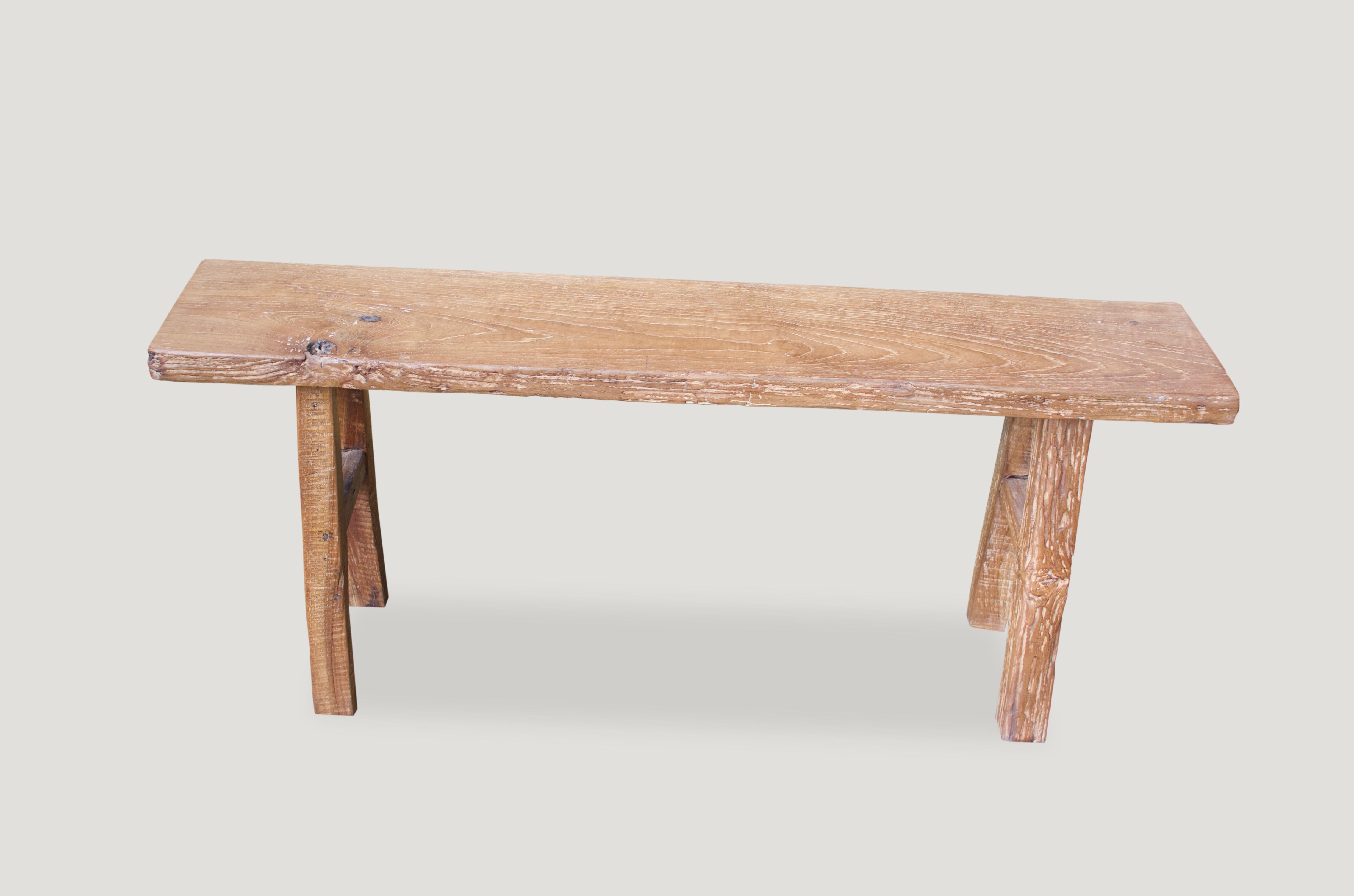 Antique bench. Perfect for inside or outside living.

This bench was sourced in the spirit of wabi-sabi, a Japanese philosophy that beauty can be found in imperfection and impermanence. It’s a beauty of things modest and humble. It’s a beauty of