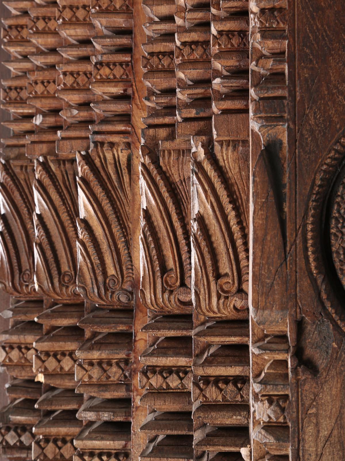 Hand-Carved Antique Teak Wood Door Frame India Exquisite Carving Details (3) Available c1800 For Sale