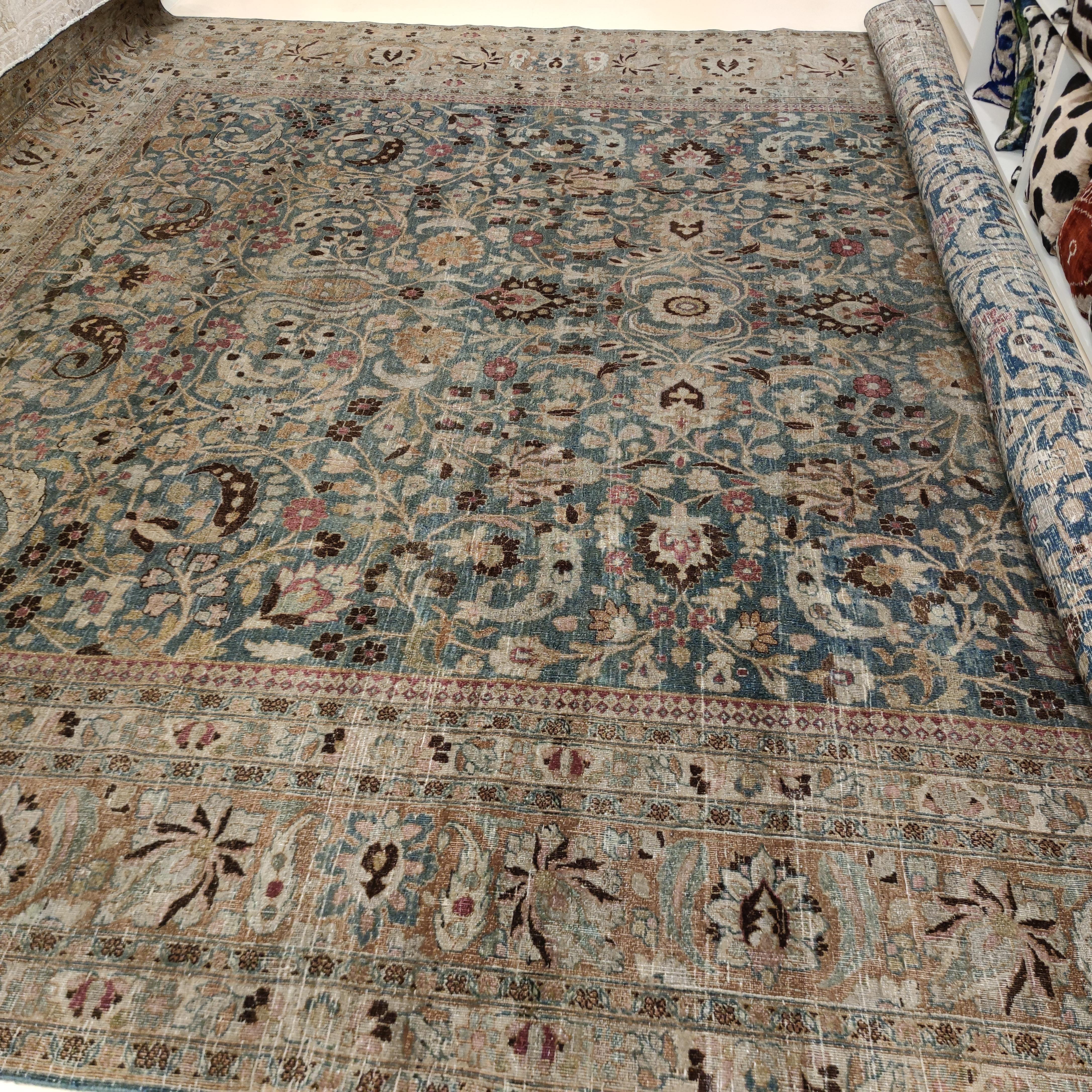 Alfombra khorassan antigua azul turquesa con dibujo integral a gran escala Jorasán en venta