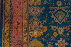 Antique Teal Turkish Oushak Carpet, Pink and Yellow Borders