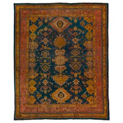 Antique Teal Turkish Oushak Carpet, Pink and Yellow Borders