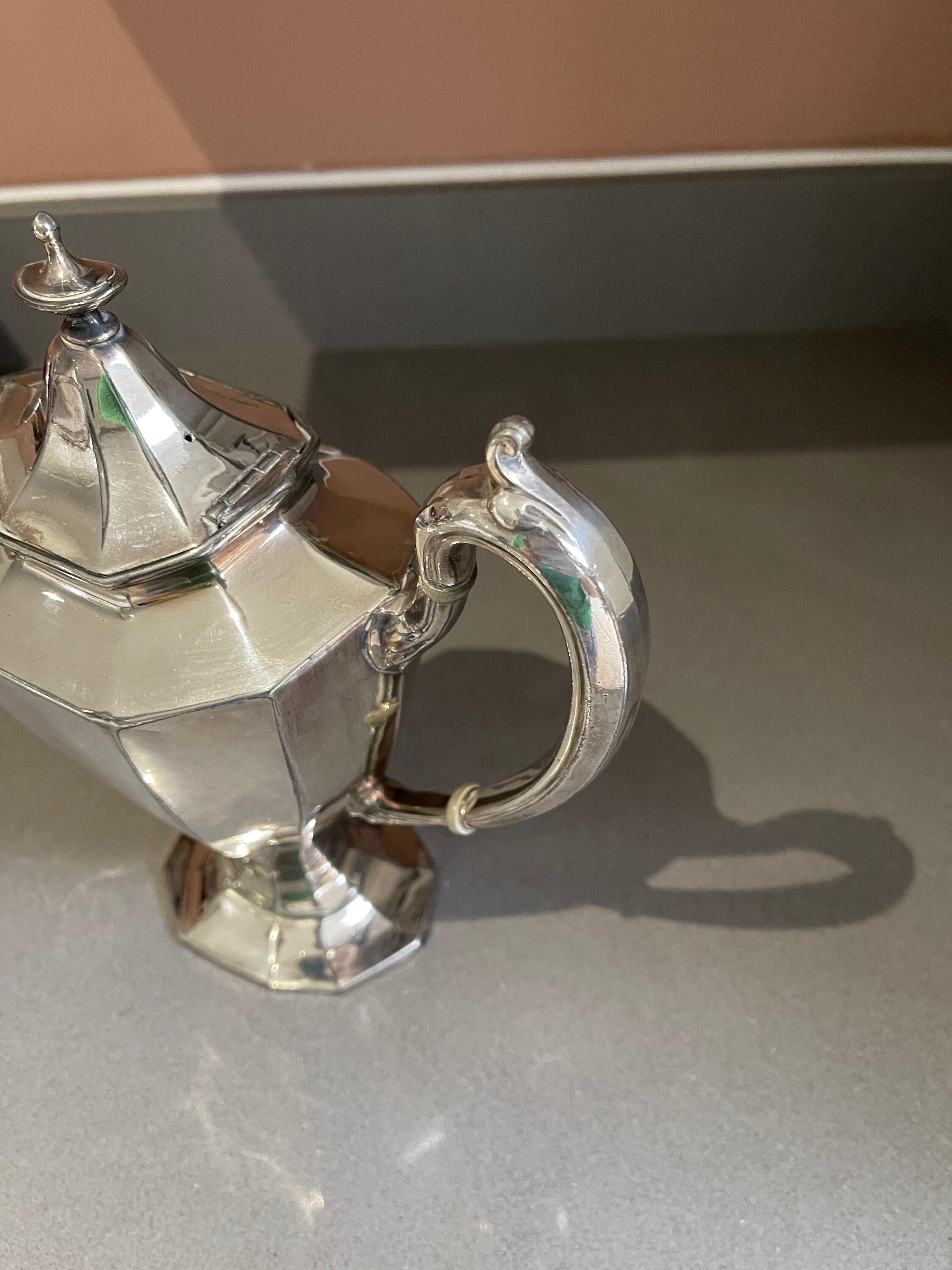 Metal Antique Teapot, Exclusive Silver Art Deco English Mid-century Coffee Pot For Sale