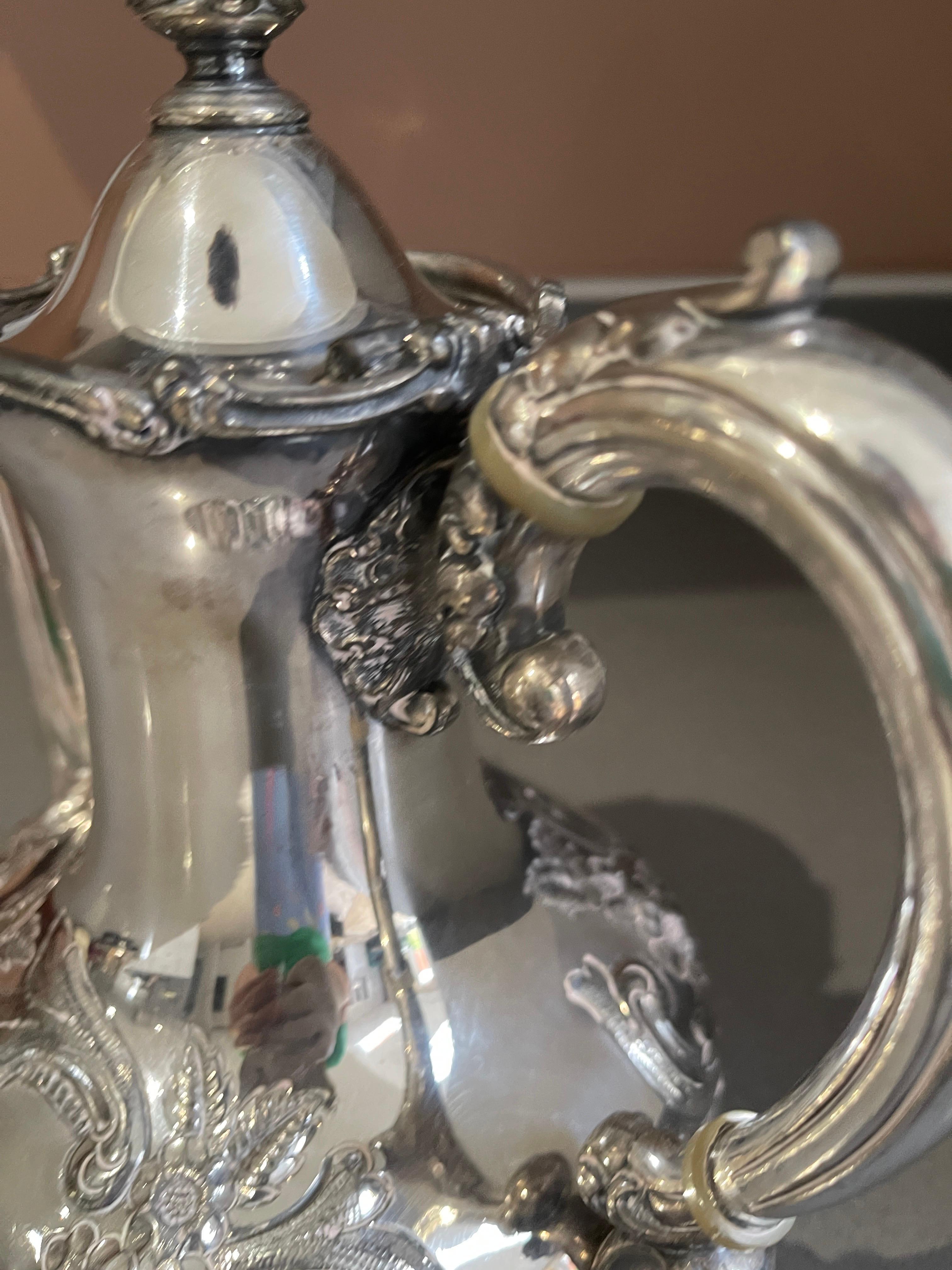 Antique Teapot, Exclusive Silver Floral English Mid-century Coffee Pot For Sale 8
