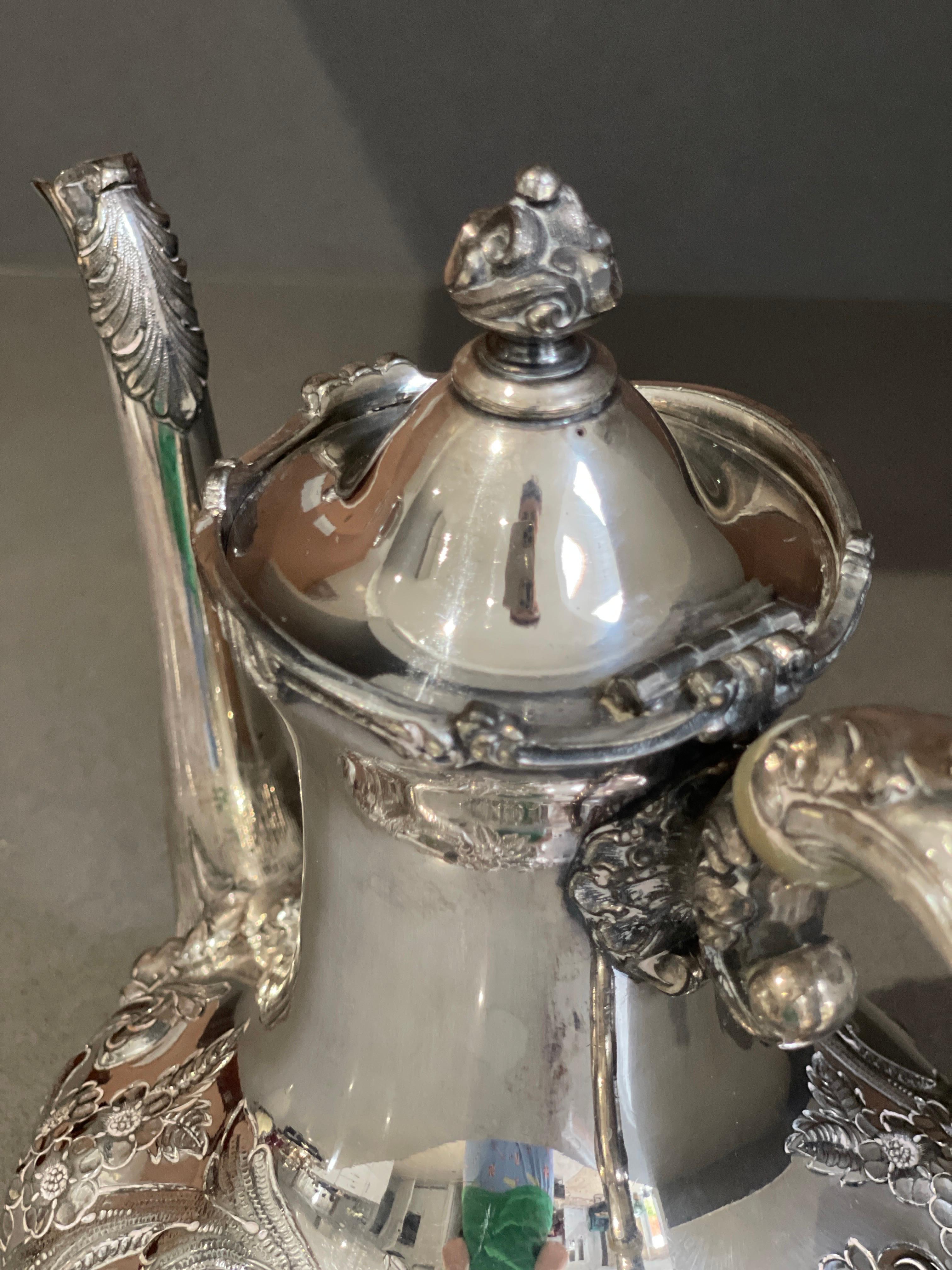 Antique Teapot, Exclusive Silver Floral English Mid-century Coffee Pot For Sale 9