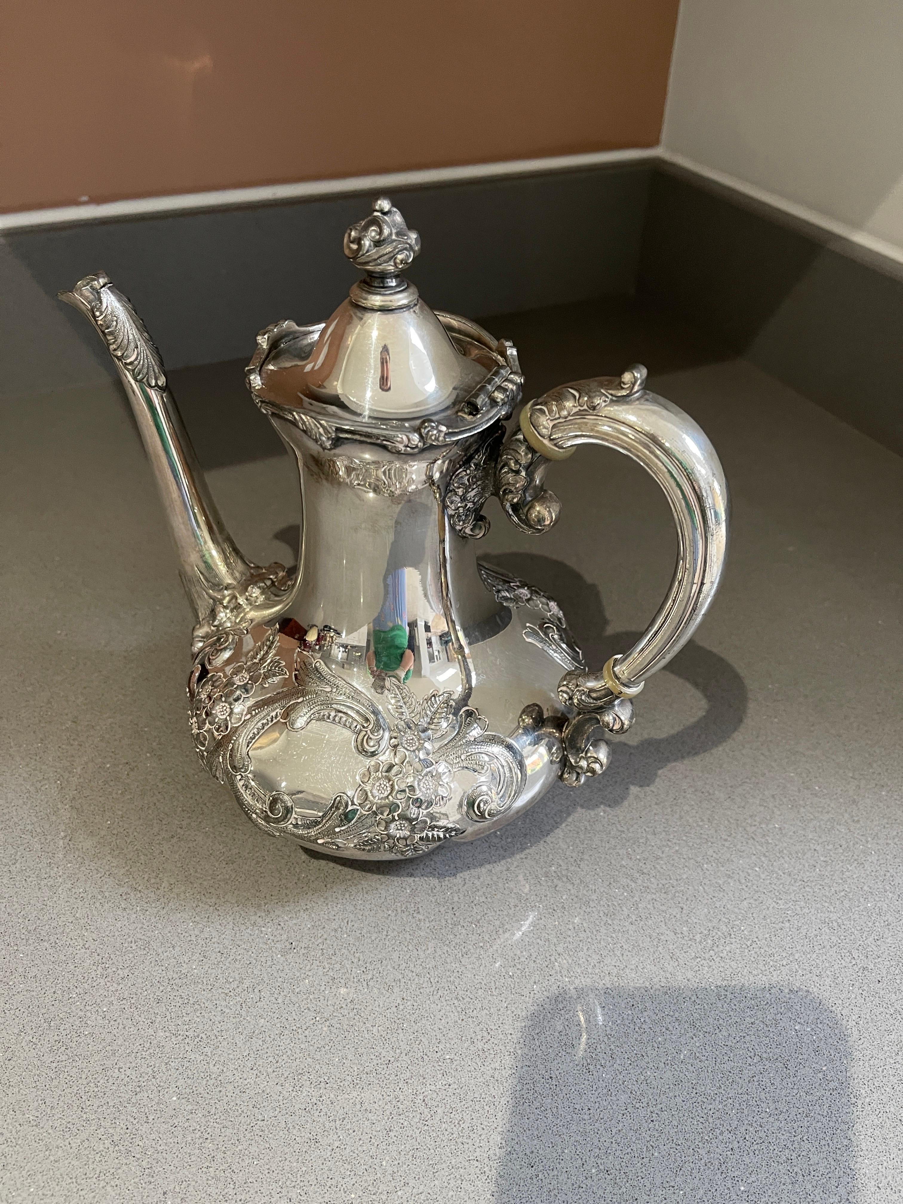 Antique Teapot, Exclusive Silver Floral English Mid-century Coffee Pot For Sale 10