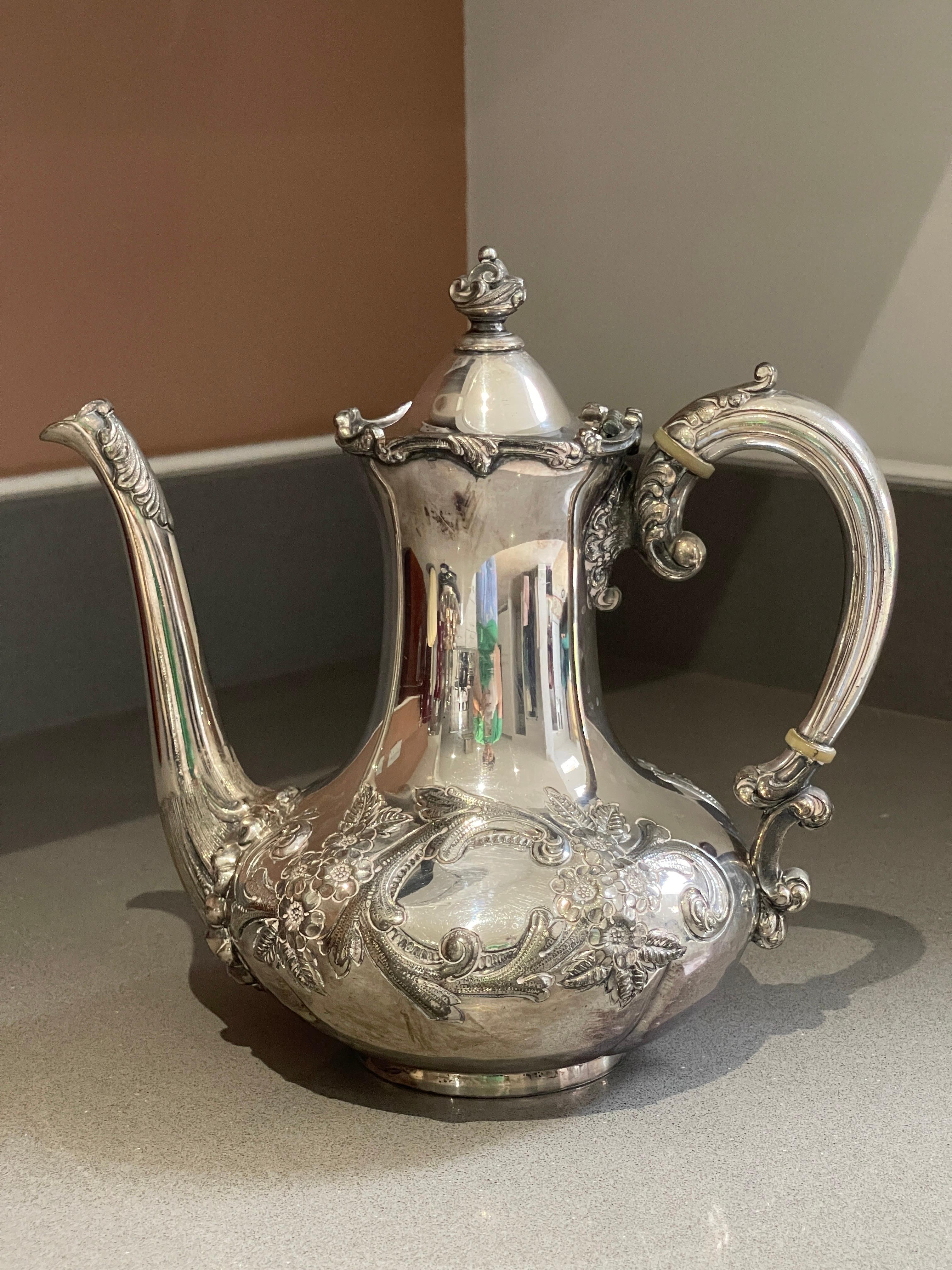 Antique Teapot, Exclusive Silver Floral English Mid-century Coffee Pot For Sale 11