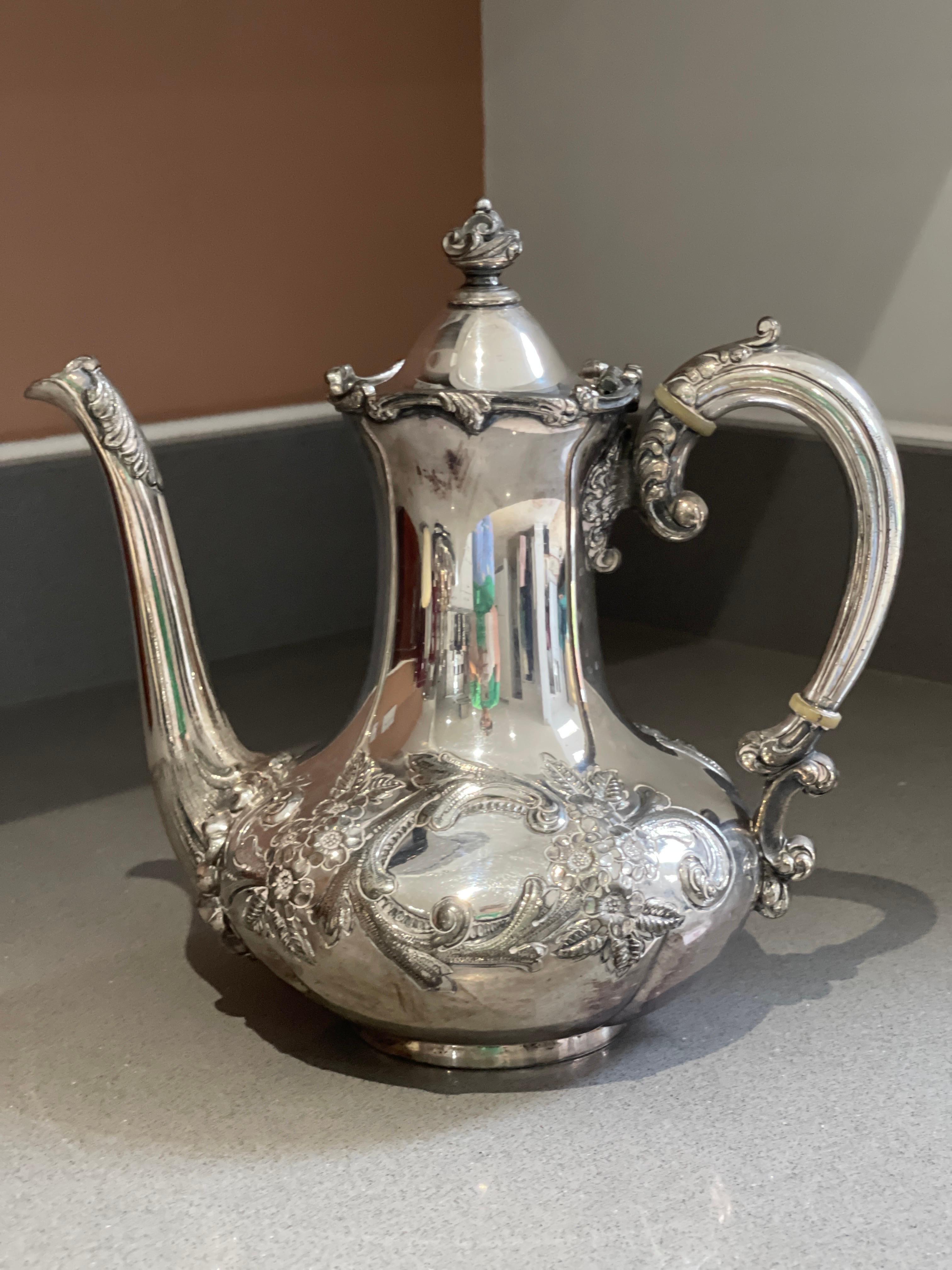 Antique Teapot, Exclusive Silver Floral English Mid-century Coffee Pot For Sale 12