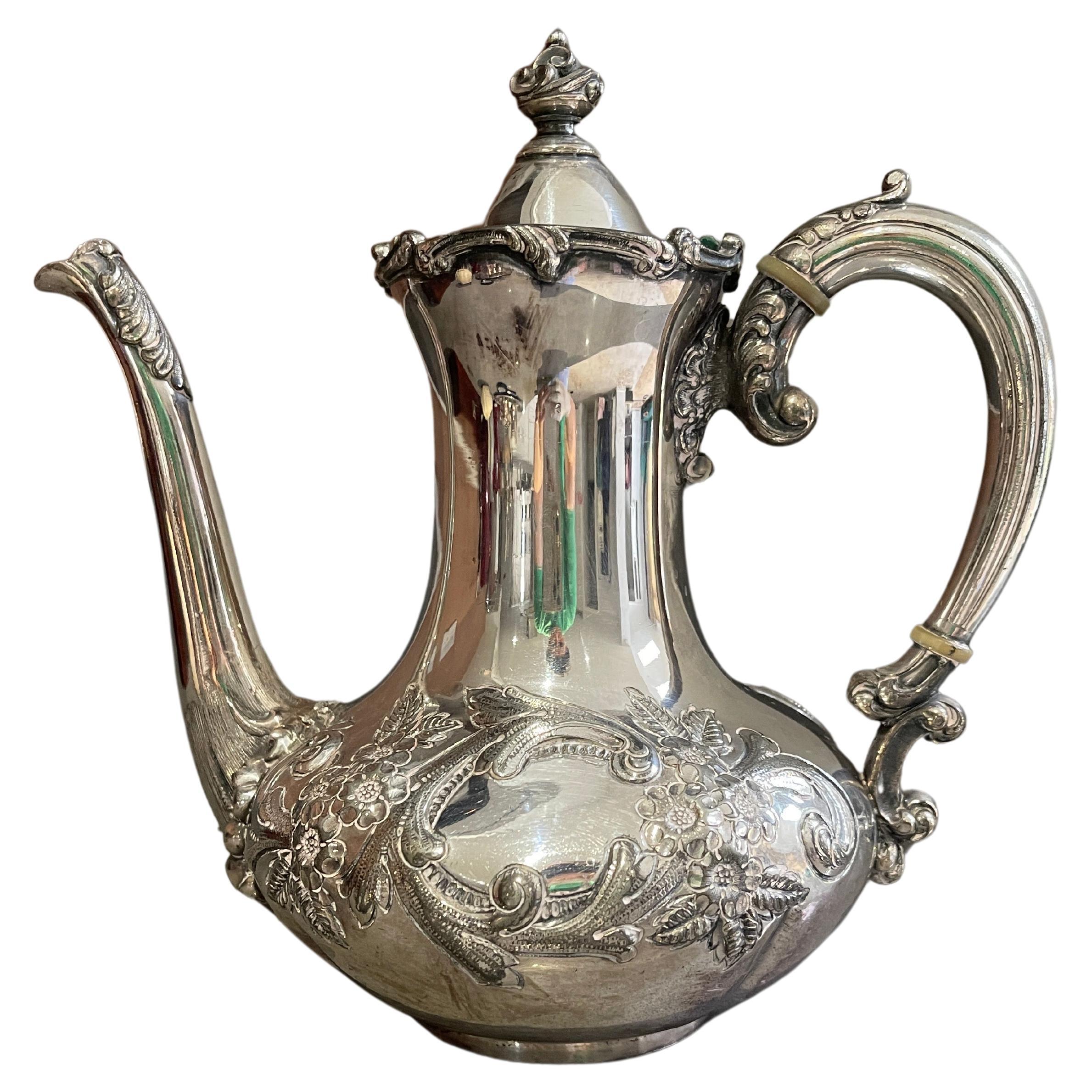 Antique Teapot, Exclusive Silver Floral English Mid-century Coffee Pot For Sale