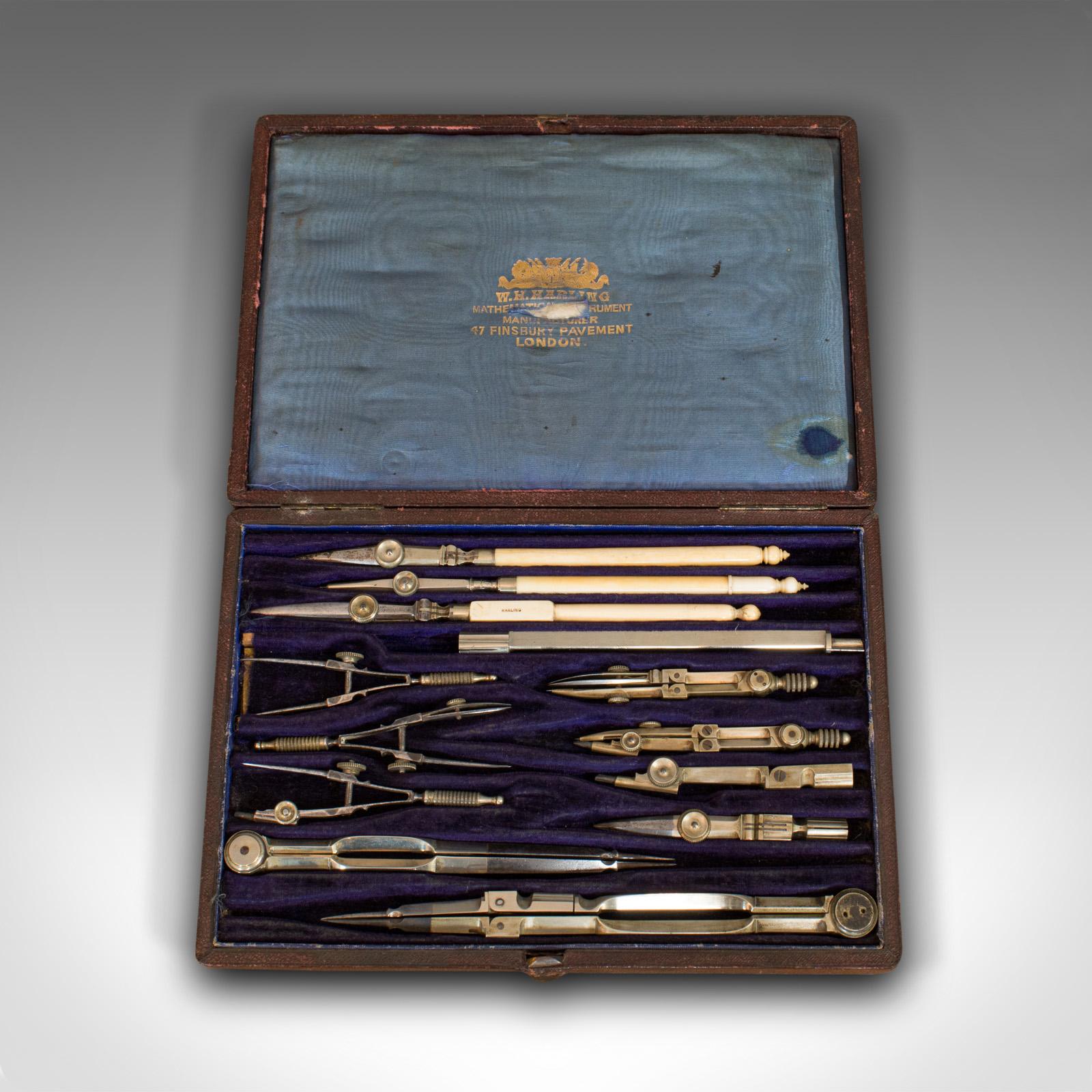 This is an antique technical drawing set. An English, silver nickel cartographer's or architect's set by Harling of London, dating to the late Victorian period, circa 1900.

Comprehensive, late Victorian precision instrument case
Displays a