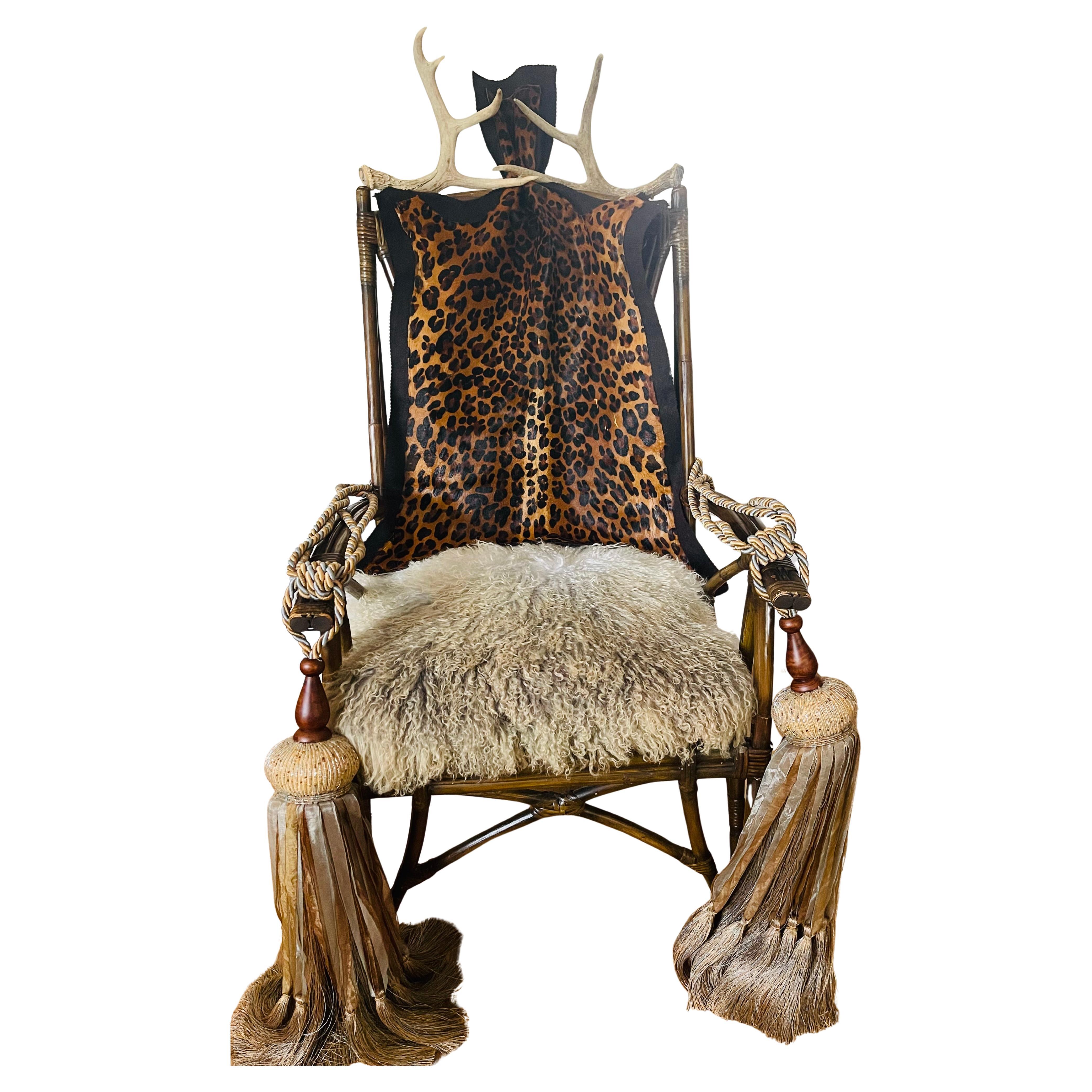 Antique Red Cheetah Mongolian Sheep Deer Antlers Vatican Tassels Bamboo Armchair