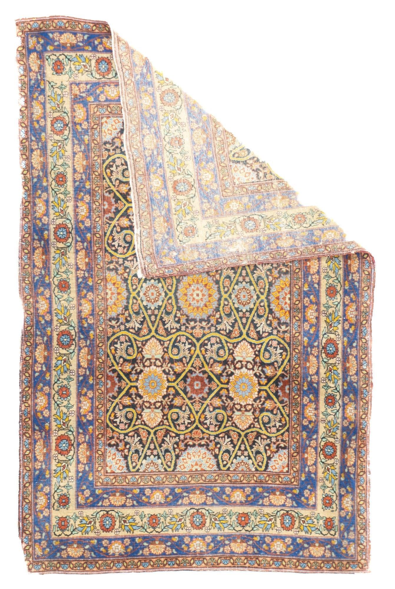 Antique Tehran Rug 3'7'' x 5'7''. The interwar, finely woven curvilinear scatters and room sizes woven in the Persian capital city. Medallion, allover and directional/niche layouts. Extensive palettes and high quality wool, on cotton. Balanced