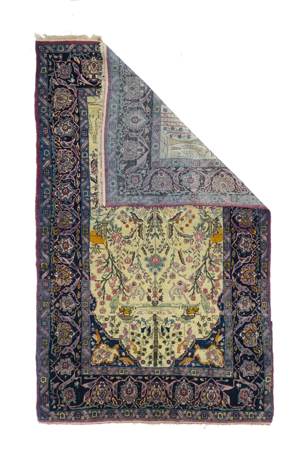 Antique Tehran Rug 4'4'' x 7'. One of a relatively small urban Tehran interwar production, this finely woven niche layout scatter shows a basal central vase erupting in flowers, with lateral trees, rocky outcrops, vineyard frames, animal combats,