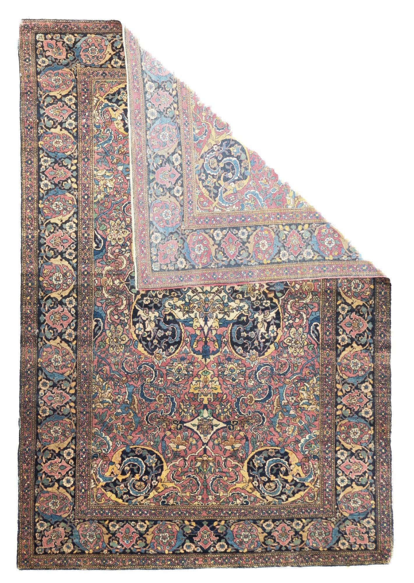 Antique Tehran Rug 4'8'' x 6'10''. The interwar, finely woven curvilinear scatters and room sizes woven in the Persian capital city. Medallion, allover and directional/niche layouts. Extensive palettes and high quality wool, on cotton. Balanced
