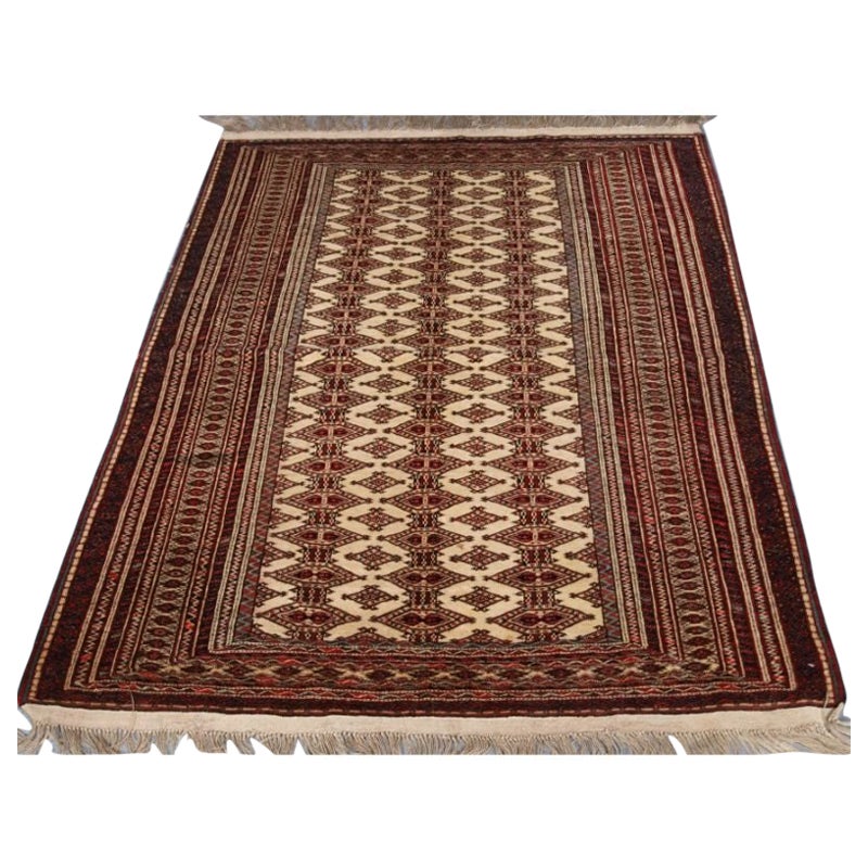 Antico tappeto Tekke o Yomut turkmeno con fondo bianco, trama molto fine in vendita