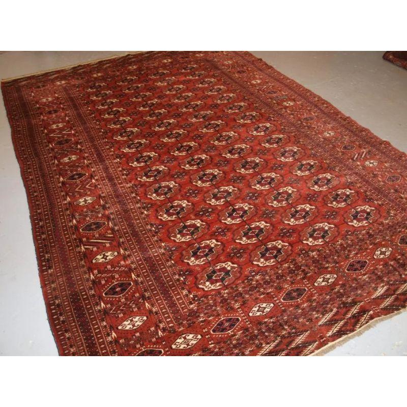 An antique Tekke Turkmen main carpet with 4 rows of 14 guls. The carpet has a warm brown/red ground colour which gives the carpet a rich and warm feel. The guls are well drawn and cochineal dye is used in the central quartered design. The border is