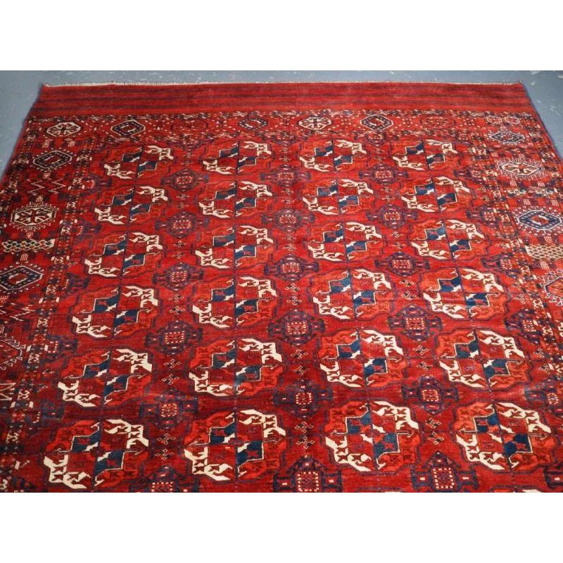 An excellent Tekke Turkmen main carpet of small room size. The clear madder red field has well drawn large round Tekke guls. The border is of the sunburst and octogen design. Note the piled elem panels at each end with a simple stripe design.

The