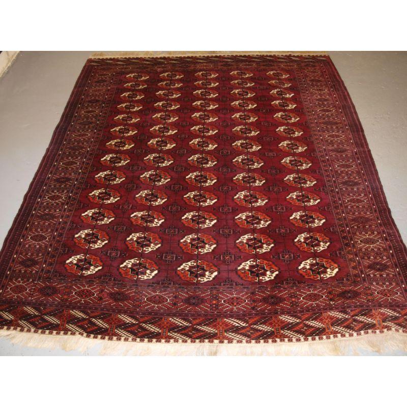 Antique Tekke Turkmen main carpet with traditional 13 x 5 gul design. The carpet has superb wool with very rich colour, the condition is outstanding.

Additoonal information
Age: Circa 1900
Size: 9ft 6in x 7ft 9in (290 x 236cm)
Stock number: