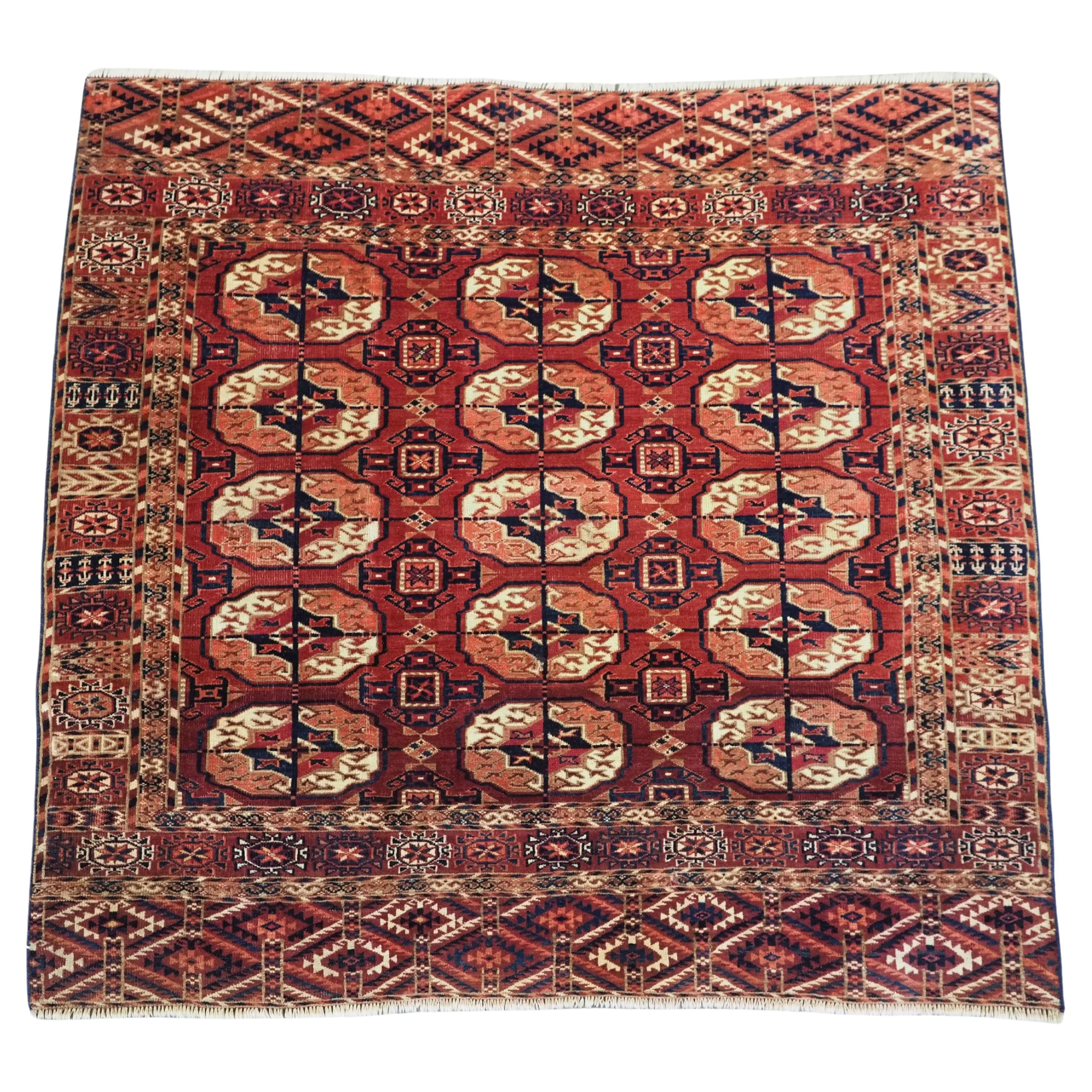 Antique Tekke Turkmen rug of fine weave and small square size, circa 1880.