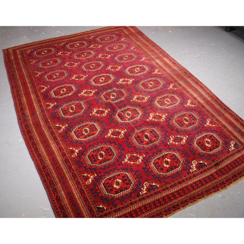 Antique Tekke Turkmen rug of good size, with fine weave, superb Cochineal colour.

This is an good example of a Tekke rug with Salor turreted guls, this rug has three rows of eight guls with a very well drawn Salor minor gul. The colour palette is
