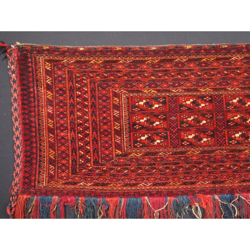 Antique Tekke Turkmen torba in original condition.

A good Tekke torba with excellent colour and good wool. The torba has survived very well with most the original long tassels still intact, note the original hanging cords at the sides. These