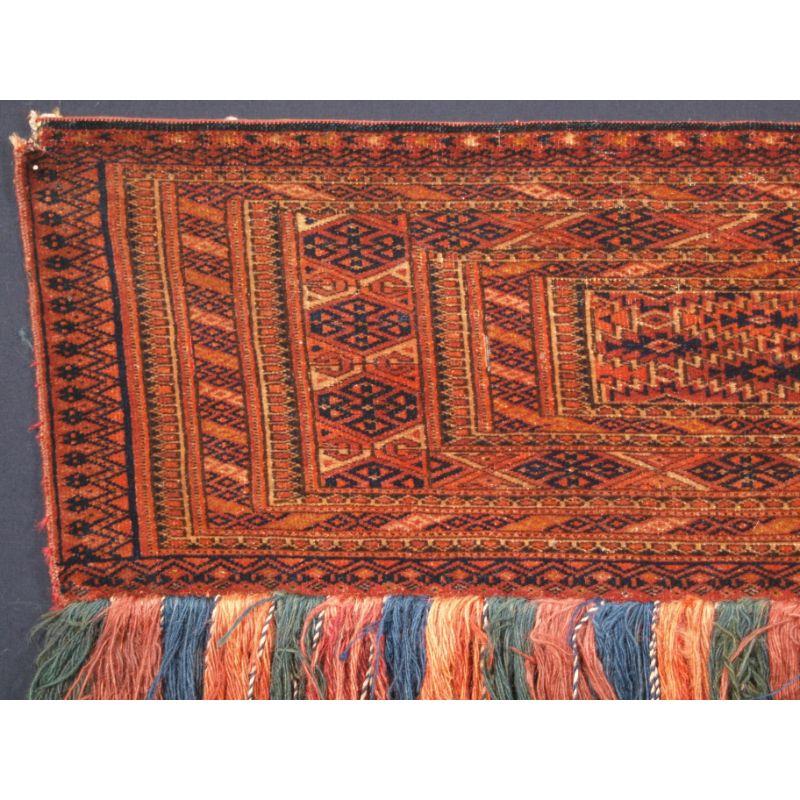 Antique Tekke Turkmen torba of very fine weave.

A good Tekke torba with excellent colour and good wool. The torba has survived very well with all the original long tassels still intact. These torba were used to decorate the side of a camel during