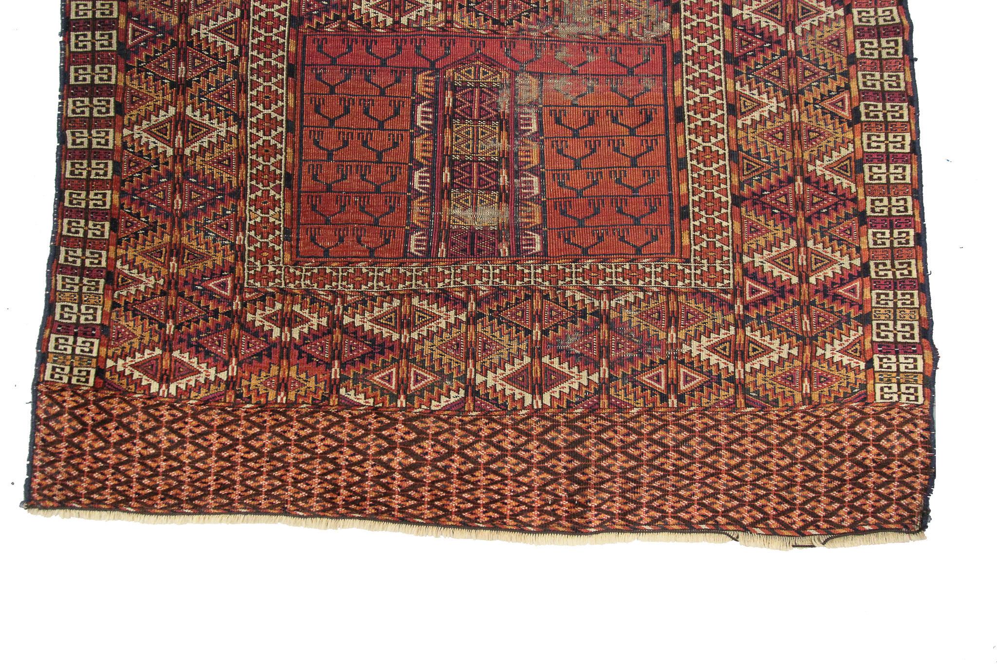 Hand-Knotted Antique Tekke Turkoman Hatchli Ensi Rug Fine Tribal Rug 1880 For Sale