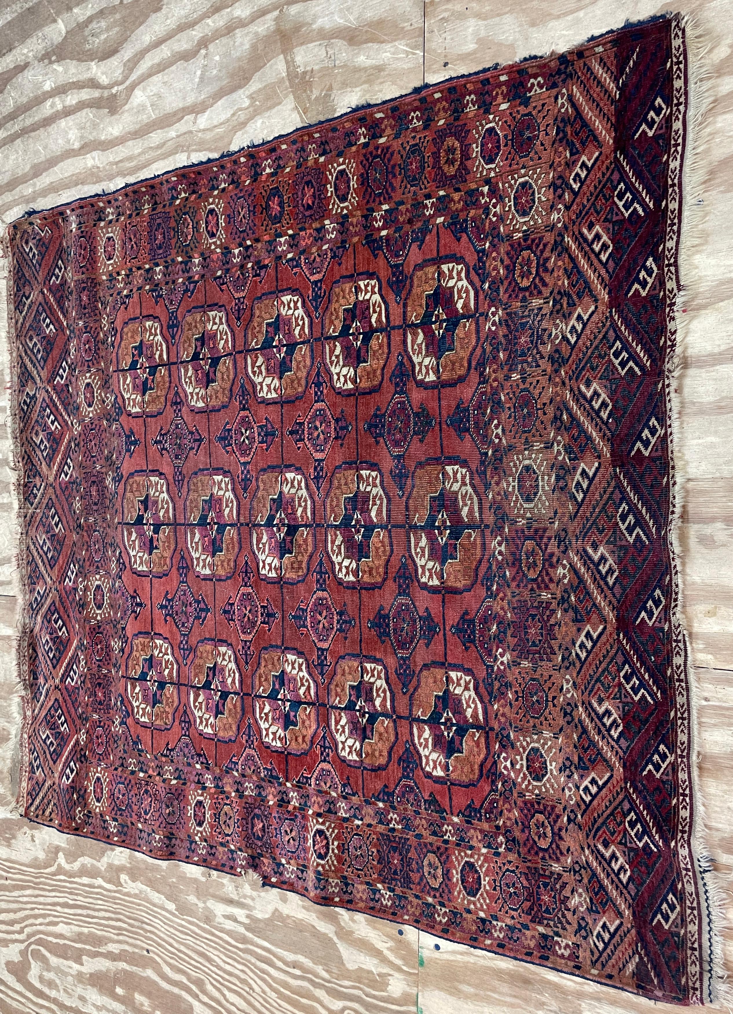 Almost all Turkmen rugs were produced by nomadic tribes almost entirely with locally obtained materials, wool from the herds and vegetable dyes, or other natural dyes from the land. They used geometrical designs that varied from tribe to tribe; most