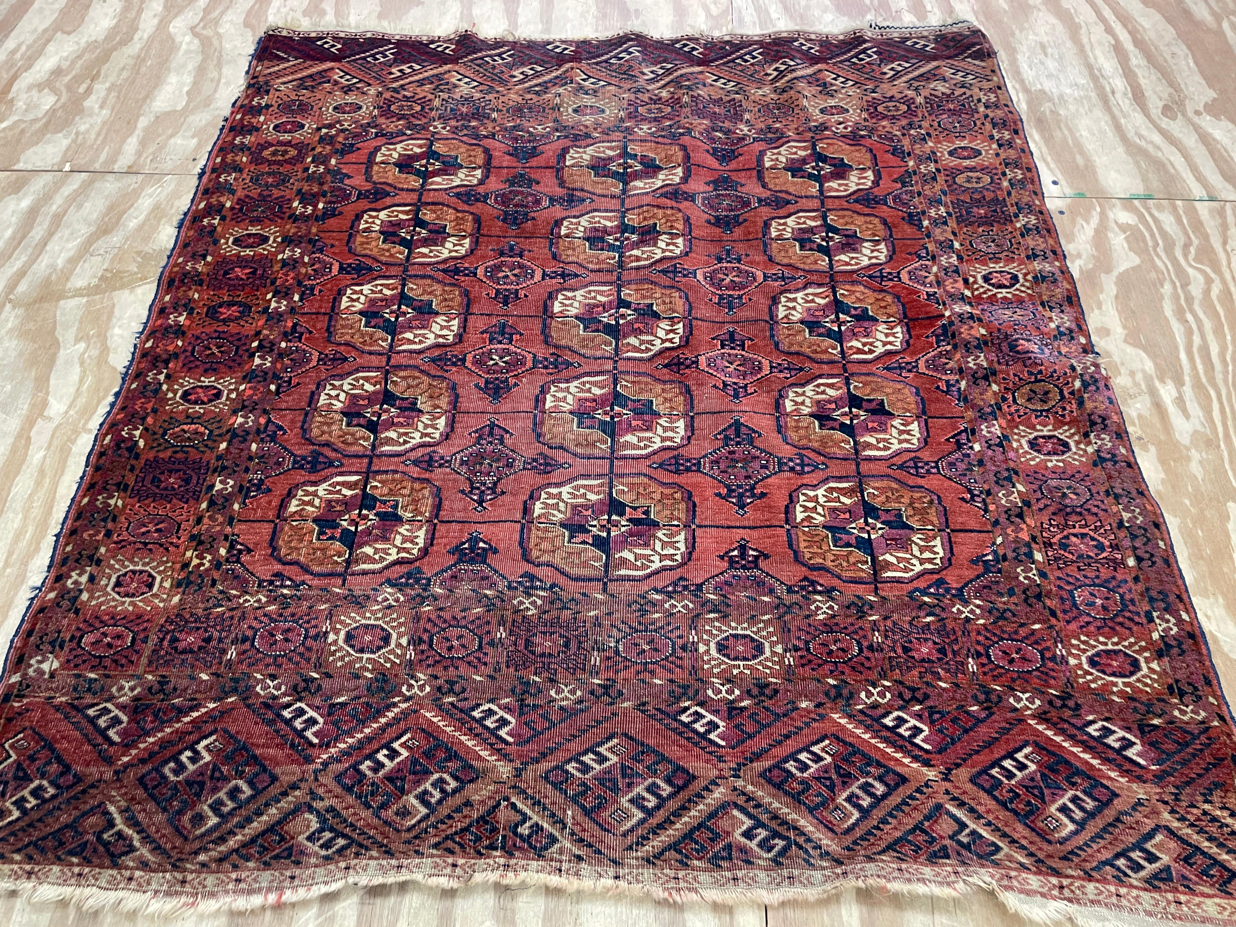 Hand-Knotted Antique Tekkeh Turkoman Engsi Hatchli 4 Seasons Rug, AS IS For Sale