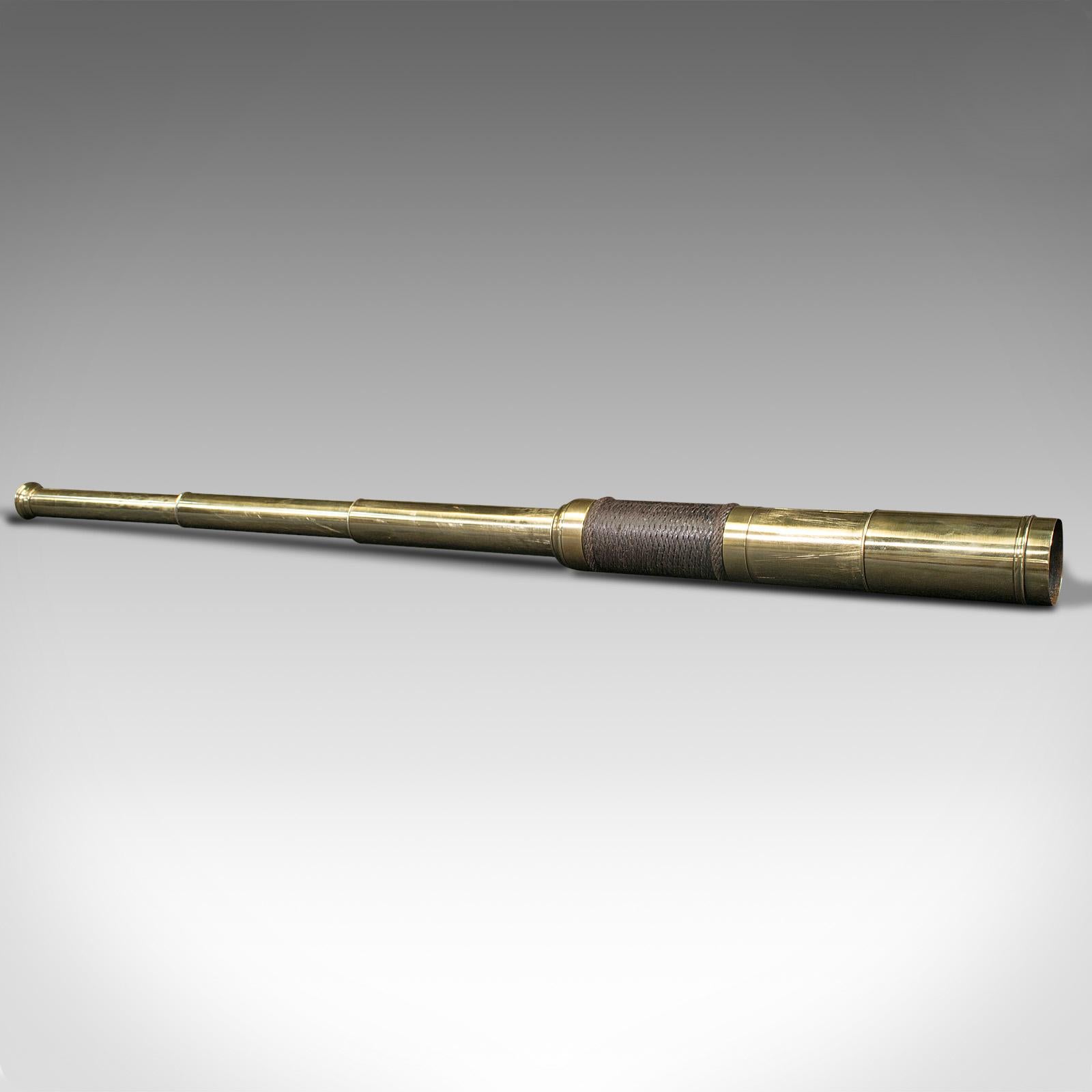 This is an antique telescope. An English, brass 3-draw terrestrial or astronomical refractor, dating to the Victorian period, circa 1880.

Perfect for bird watching, landscape appreciation, wildlife, or maritime observation. Equally suitable for
