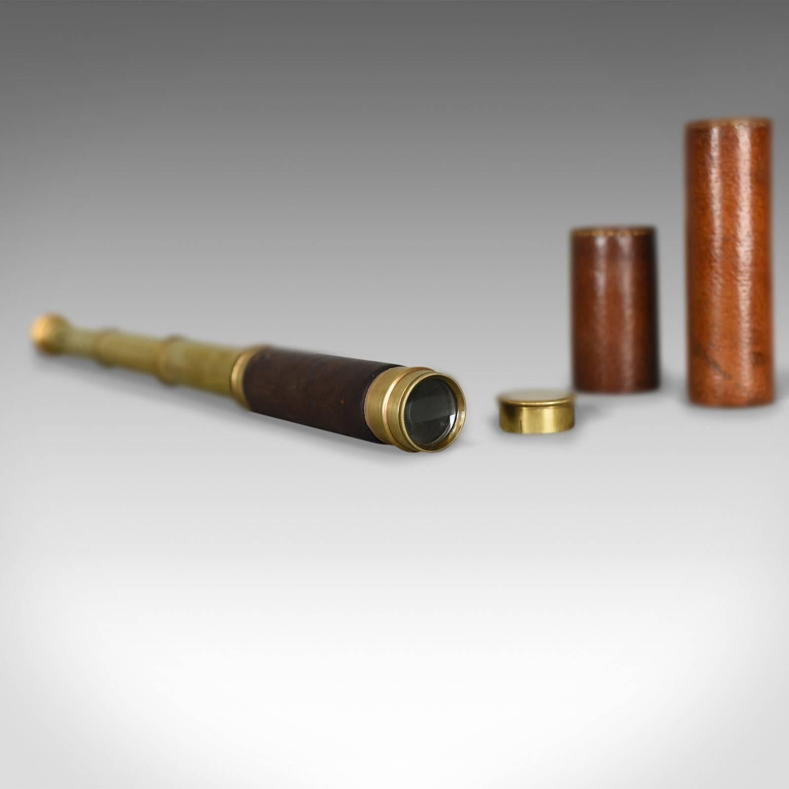 Victorian Antique Telescope, Three-Draw Pocket Refractor in Leather Case, circa 1880