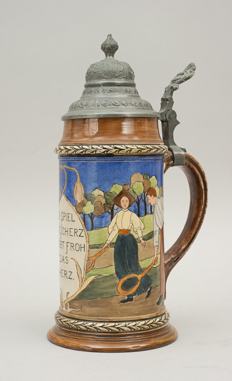 Antique Tennis Beer Stein, German Mettlach Type, 1914 For Sale at 1stDibs