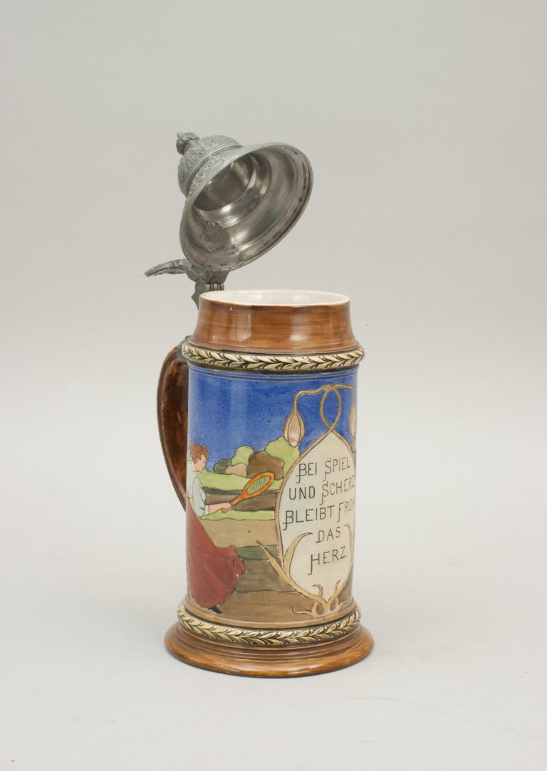 Antique Tennis Beer Stein, German Mettlach Type, 1914 For Sale at 1stDibs