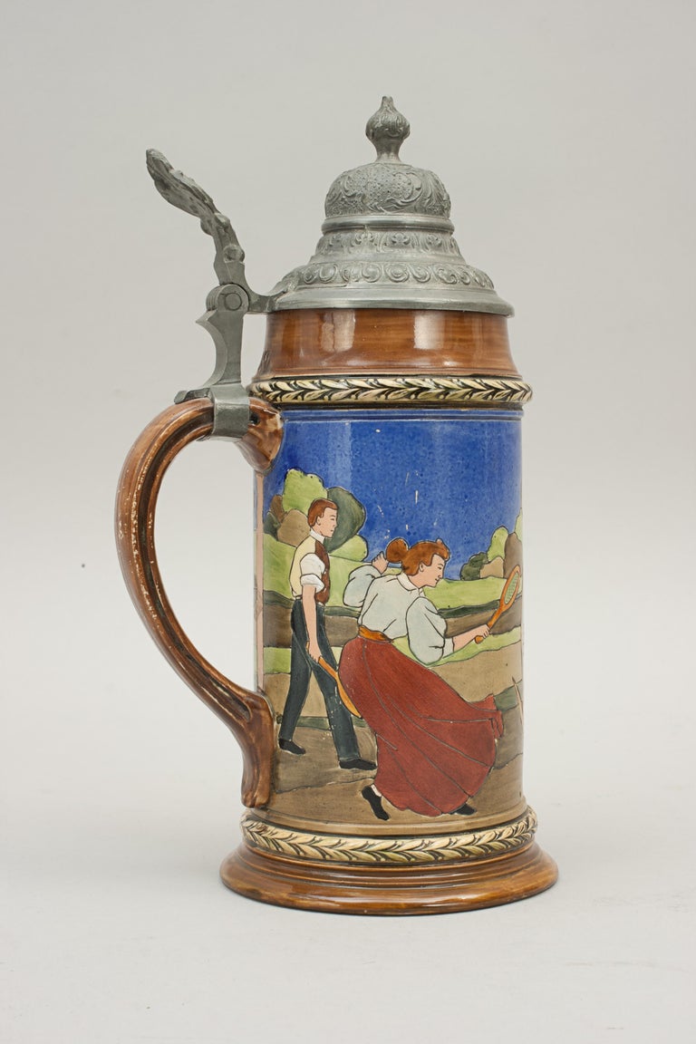 Antique Tennis Beer Stein, German Mettlach Type, 1914 For Sale at 1stDibs