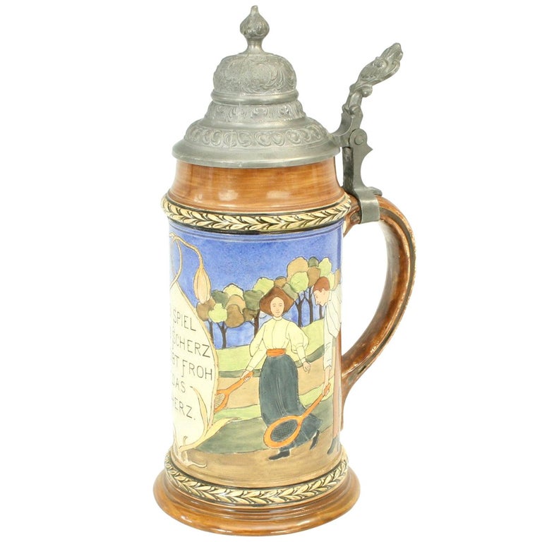 Antique Tennis Beer Stein, German Mettlach Type, 1914 For Sale at 1stDibs
