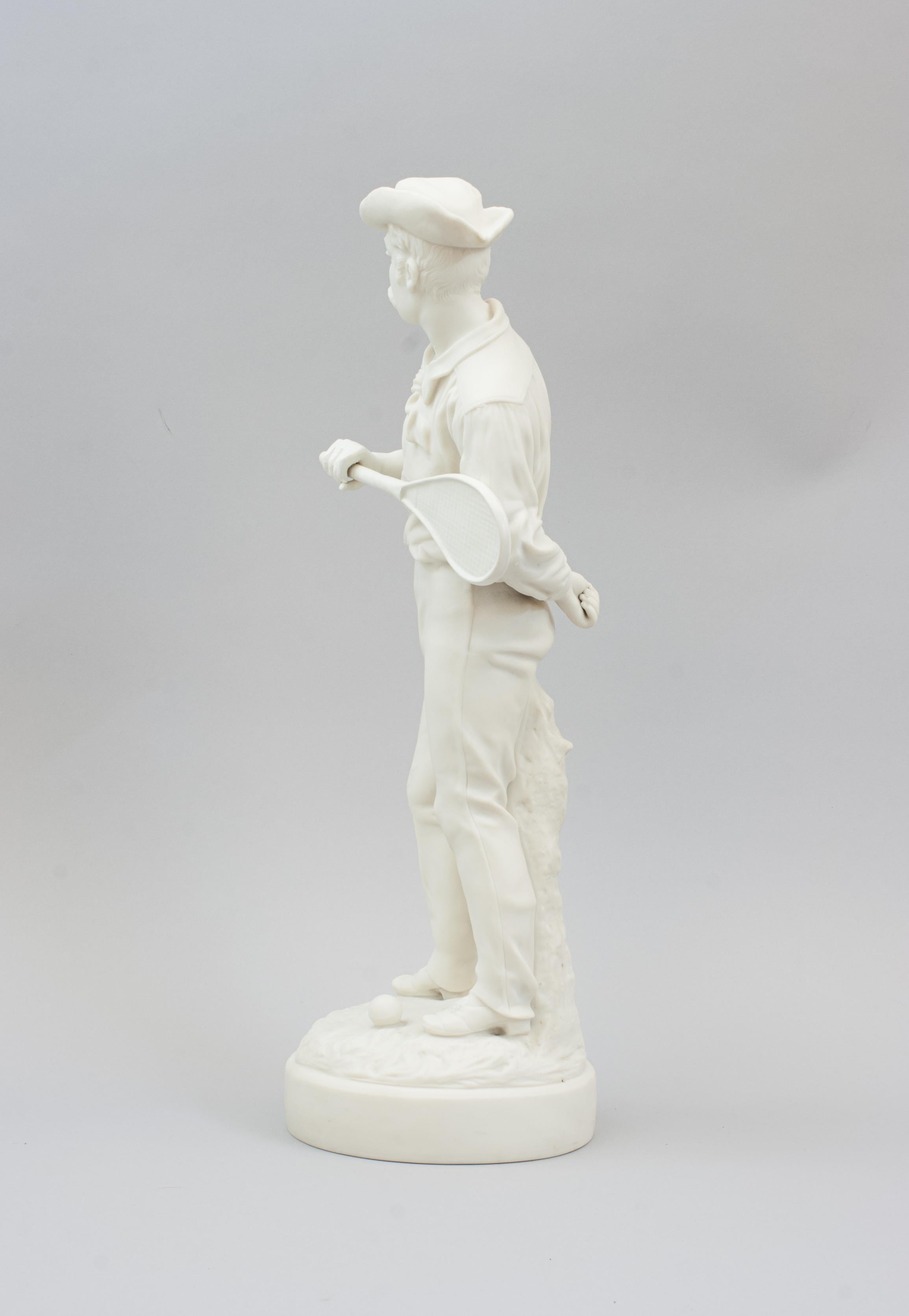 Lawn Tennis Sculpture.
Parian Ware Tennis Figure, James Ernest Renshaw.
An extremely rare, Parian Ware, Victorian tennis figurine by the sculptor Rowland James Morris. Signed and dated on the base 'R.J. Morris 1884'. The gentleman can be seen