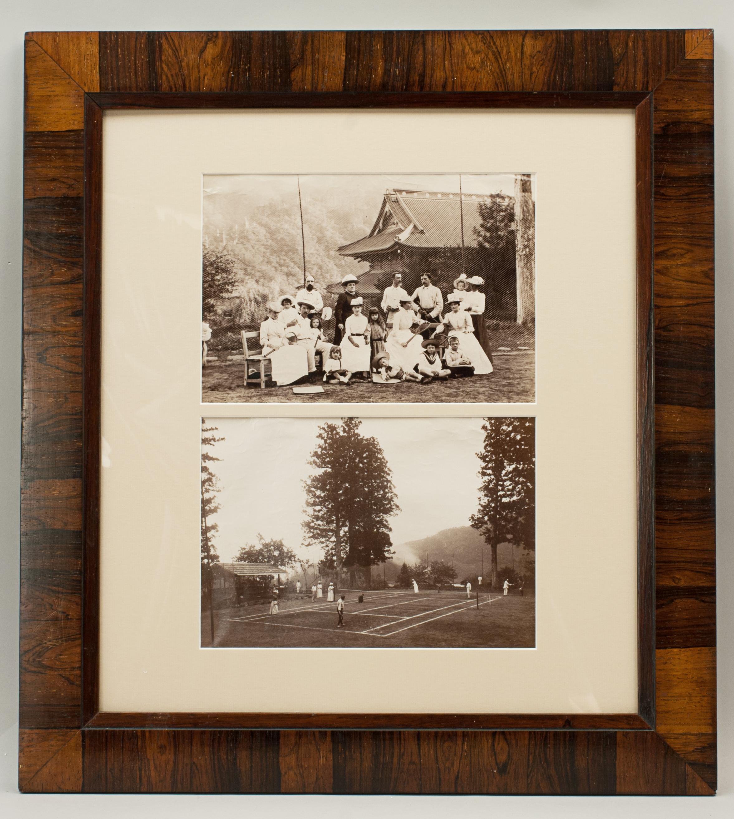 Framed British Colonial Tennis photographs.
A pair of black and white photographs capturing the essence of British Colonial life in the late 19th century. The albumen prints are framed in an antique rosewood frame, one shows group of tennis players