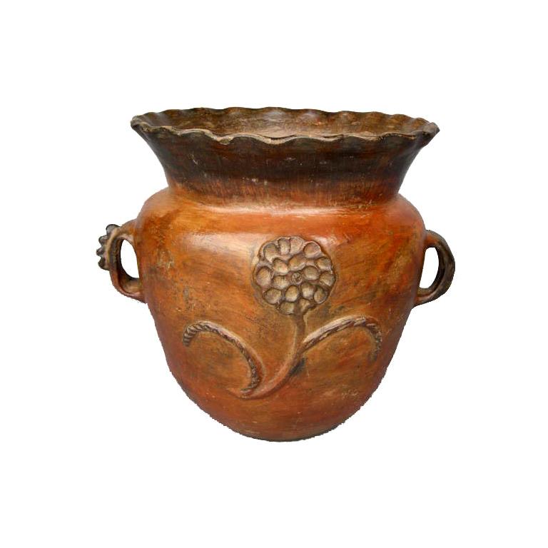 Antique Terra Cotta Ceramic Urn With Applied Flower Motif